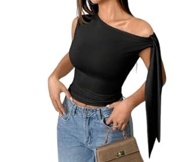 Solid Asymmetrical Shoulder Tie Strap Crop Top for Women