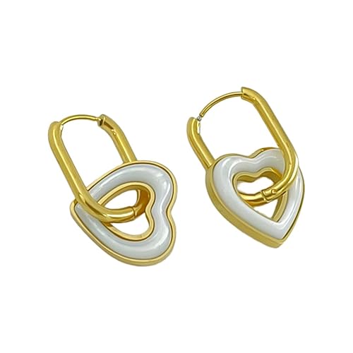 Anti- tarnish gold Elegant heart-through-hoop drop earrings in 18K gold plated stainless steel with white enamel and Mother of Pearl accents