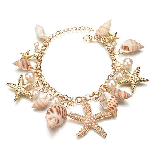 Pearl starfish bracelet with seashell charms and golden chain, adjustable fit, beach-inspired women’s jewelry