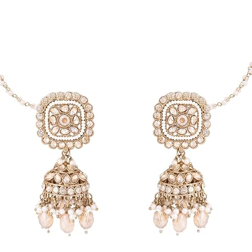 Golden Kundan Earrings with Square Design and Champagne Bead Drops – Traditional Indian Jewelry