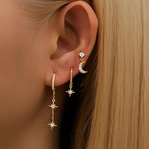 Set of 3 gold plated versatile earrings for multiple piercing earrings, featuring butterfly, moon, star, flower, and huggie designs