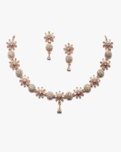 ZENEME Rhodium Plated Silver Toned White American Diamond Studded Necklace With Earring Jewellery Set For Woment and Girl