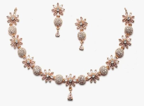 ZENEME Rhodium Plated Silver Toned White American Diamond Studded Necklace With Earring Jewellery Set For Woment and Girl
